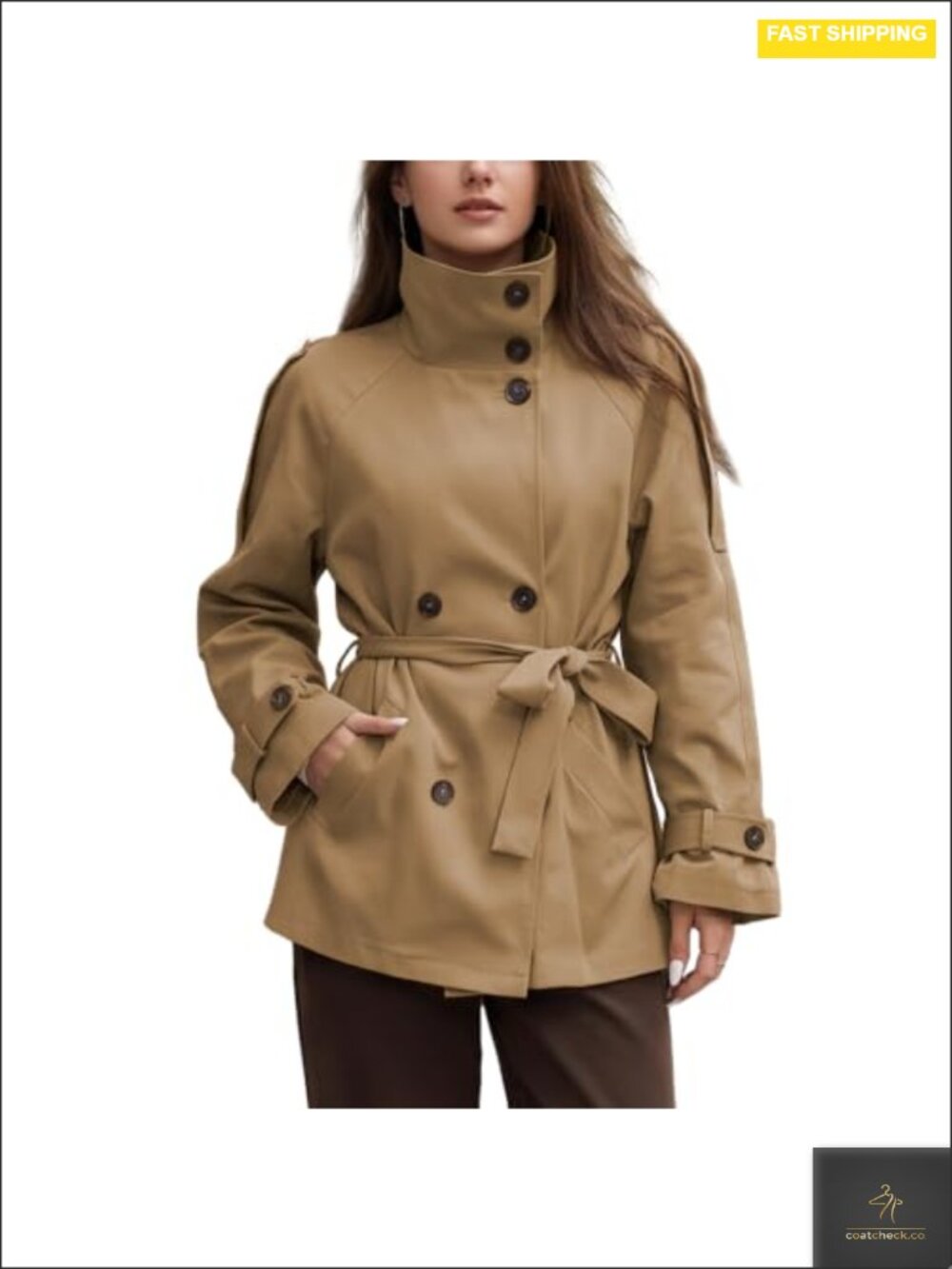 Women Double Breasted Windbreaker High Neck Button Down Jacket Polyester